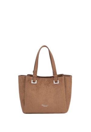 Borsa tote in suede marrone con doppi manici e ferratura rettangolare argentata, marchiata "Diana & Co Firenze" al centro davanti.
