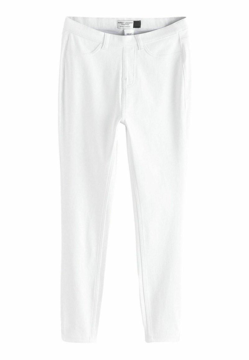 Weiße Leggings aus Jersey mit schmalem Schnitt, vier Taschen und einem bequemen Bund. Der Stoff hat eine glatte Textur und ist für den Alltag geeignet.