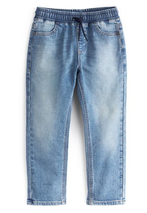 Lyseblå denim joggebukser med elastisk talje og snøre, med forlommer og falmede vaskedetaljer.