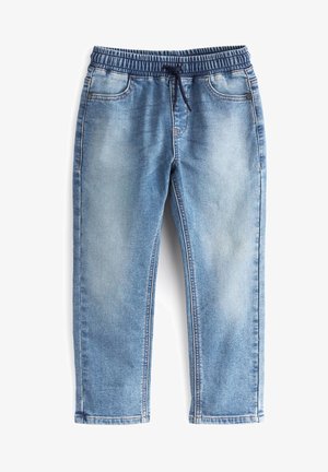 Pantalon jogger en denim bleu clair avec ceinture élastique et cordon, avec poches avant et détails délavés.
