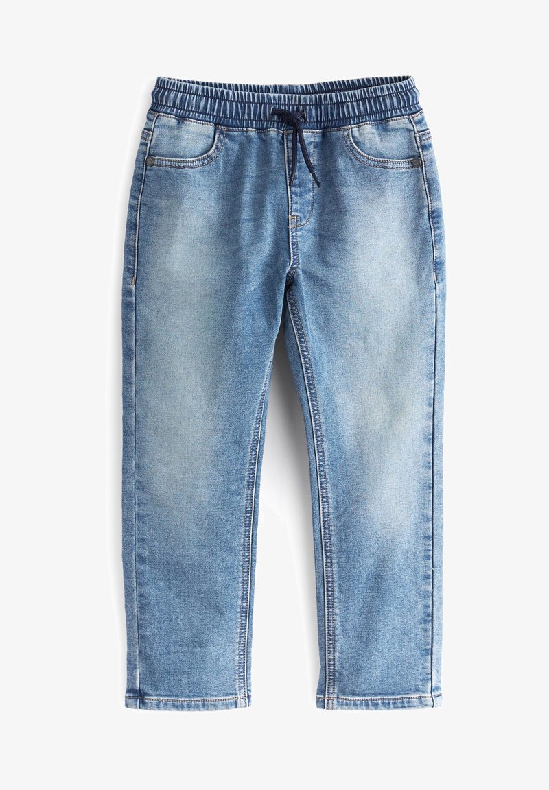 Pantalon jogger en denim bleu clair avec ceinture élastique et cordon, avec poches avant et détails délavés.