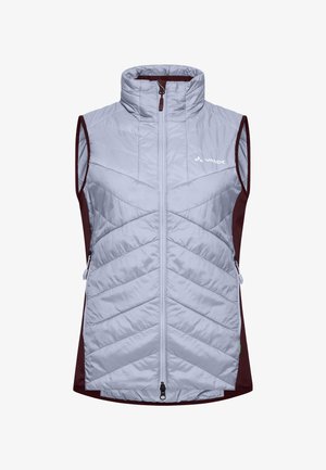 Gilet senza maniche grigio chiaro con collo alto, chiusura con zip e motivo a chevron. Pannelli laterali bordeaux e due tasche con zip.