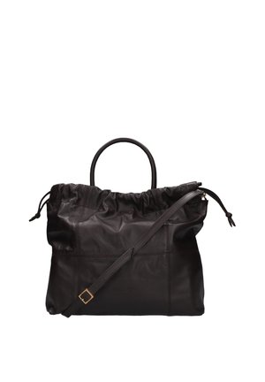 Sac à main en cuir noir avec un haut froncé, double poignée et une longue bandoulière réglable avec une boucle dorée.