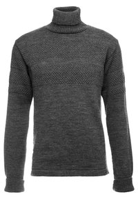 Harmaa korkeakauluksinen villapaita, joka on valmistettu neulottua materiaalia. Siinä on teksturoituja kaistaleita rinnassa ja hihoissa, sekä ribbaillut hihansuut ja kaulus.