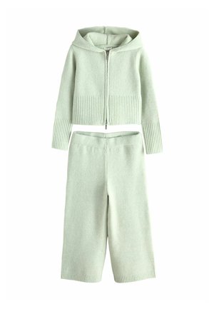 Light green knit two-piece set with a zip-up hooded sweater and wide-legged cropped pants, both featuring ribbed cuffs.
