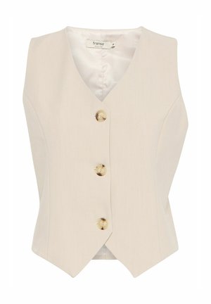 Krémová vesta s výstrihom do V, tromi veľkými prednými gombíkmi, strihaná podľa postavy a hladkou textúrou látky. Ideálna na vrstvenie alebo formálne nosenie.