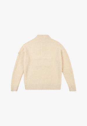 Beige, geripptes Strickpullover mit hohem Kragen, langen Ärmeln und elastischen Bündchen. Die Rückseite verfügt über ein nahtloses Design.