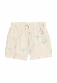 Shorts beige arrivant jusqu'aux genoux avec une taille élastique et un cordon de serrage. Présente des motifs fantaisistes multicolores et deux poches latérales.