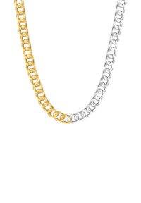 Collar de cadena bicolor con eslabones de metal dorado y plateado interconectados; cada eslabón es circular con un acabado pulido.