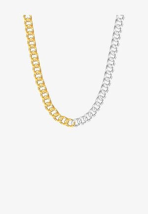 Tweedelige kettinghalsketting met metaal links in goud en zilver die met elkaar verbonden zijn; elke schakel is rond en heeft een gepolijste afwerking.