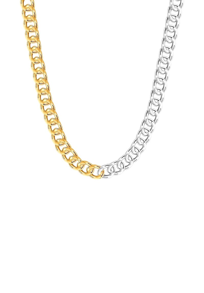 Collar de cadena bicolor con eslabones de metal dorado y plateado interconectados; cada eslabón es circular con un acabado pulido.