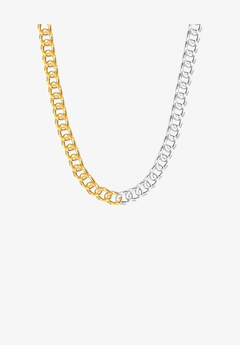 Collar de cadena bicolor con eslabones de metal dorado y plateado interconectados; cada eslabón es circular con un acabado pulido.