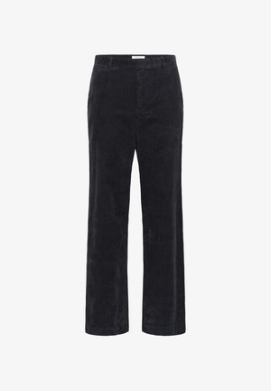 Black corduroy trousers with wide legs, featuring vertical ribbed texture and an elastic waistband. No visible hardware or embellishments.