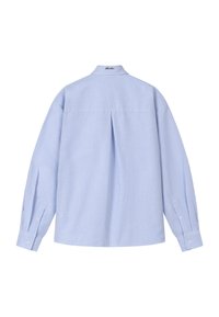 Camisa de manga larga azul claro con finas rayas verticales blancas, puños con botones y un pliegue central en la espalda, vista desde atrás.