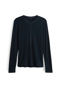 Dunkelblaues Rippenshirt mit langen Ärmeln und rundem Halsausschnitt, mit einer Knopfleiste aus fünf Knöpfen, aus weichem Material, auf weißem Hintergrund präsentiert.