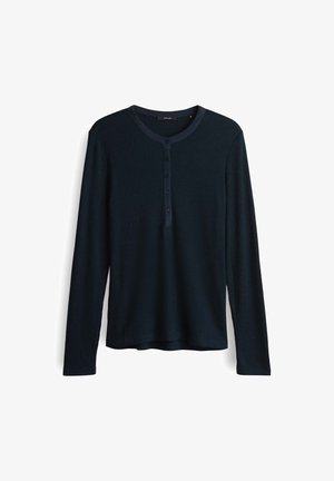 Dark blue ribbed long-sleeve shirt with round neckline and five-button placket, made of soft fabric, displayed on white background.