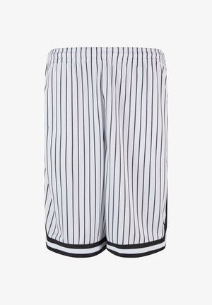 Białe siateczkowe szorty z czarnymi pionowymi paskami, elastycznym pasem i czarnymi akcentami na krawędzi. Lekkie i przewiewne tkaniny.