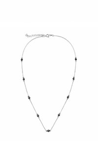 Srebrny naszyjnik łańcuszkowy z okrągłymi czarnymi koralikami rozmieszczonymi w regularnych odstępach. Posiada zapięcie i regulowaną długość. Gładka tekstura i elegancki design.