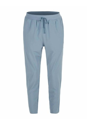 Lichtblauwe taps toelopende broek met elastische tailleband en koord, enkel lang, getoond op een witte achtergrond.