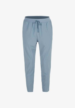 Lichtblauwe taps toelopende broek met elastische tailleband en koord, enkel lang, getoond op een witte achtergrond.