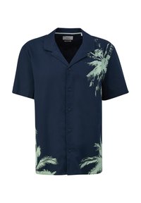 Korte mouwen shirt van navy stof, met een lichtgroen palmbomenpatroon aan de linkerkant en een klassieke kraag met knoopsluiting.