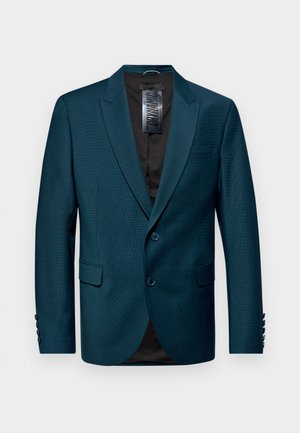 Türkisfarbener Blazer aus strukturiertem Material, mit Reverskragen, Zwei-Knopf-Verschluss und zwei Fronttaschen. Schwarze Fütterung und Knopfakzente an den Ärmeln.