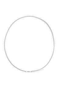 Collana in argento con maglie interconnesse, caratterizzata da una superficie liscia, spessore uniforme e chiusura a moschettone.