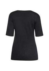 Černý krátký rukáv top s kulatým výstřihem a žebrovaným lemem. Hladká textura látky, jednoduchý design, těsně přiléhající k tělu.