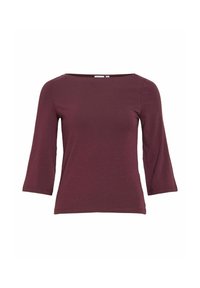 Bordó krāsas tops ar garām piedurknēm un kuģa formas kakla izgriezumu, izgatavots no mīksta, elastīga auduma. Paredzētas 3/4 piedurknes un gluda tekstūra.