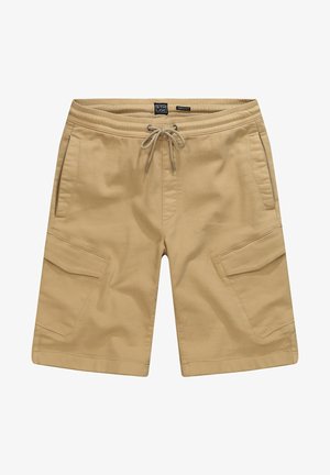 Beige Cargo-Shorts mit einem Kordelzugbund, zwei Seitentaschen und zwei aufgesetzten Taschen an den Oberschenkeln. Hergestellt aus leichtem Material.