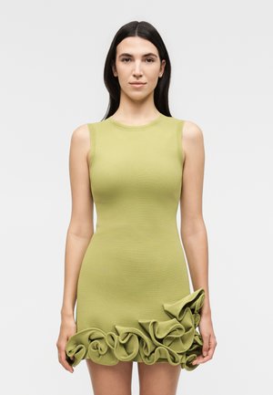 Kvinde med langt mørkt hår iført en ærmeløs, tætsiddende lysegrøn kjole med flæsedetaljer langs nederste kant.