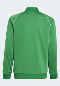 Chaqueta de entrenamiento verde de manga larga con ribetes blancos en los hombros, puños acanalados, cuello y cinturilla, mostrada desde la parte posterior sobre un fondo liso.