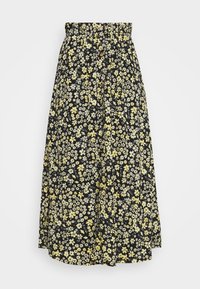 Gonna nera a fiori con motivo di fiori gialli, vita elastica e design al ginocchio con pieghe per una maggiore texture.
