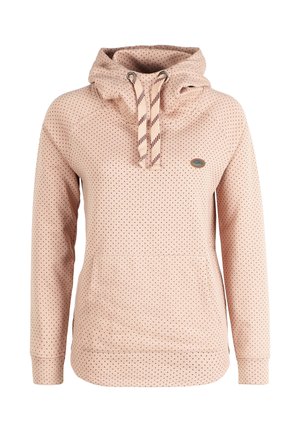 Felpa rosa chiaro con piccoli pois scuri, tasca frontale a marsupio, stringhe a righe e piccolo logo ovale sul petto.