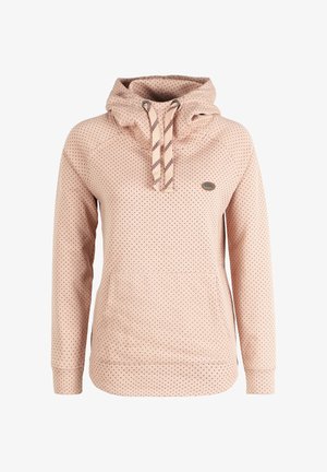 Felpa rosa chiaro con piccoli pois scuri, tasca frontale a marsupio, stringhe a righe e piccolo logo ovale sul petto.