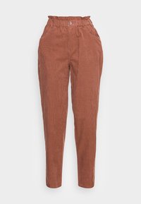 Hnědé kordové kalhoty s vysokým pasem, elastickým páskem, dvěma postranními kapsami a zúženými nohavicemi, s vertikálním texturováním.