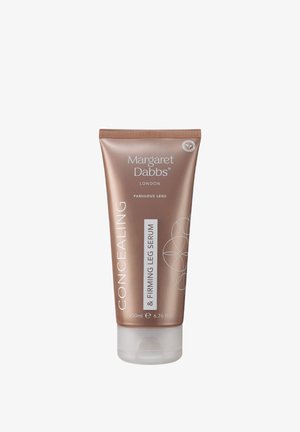 Tube en bronze de sérum pour les jambes Margaret Dabbs ; présente un texte blanc à l'avant, un fond convexe, une texture lisse et des accents en motifs circulaires.
