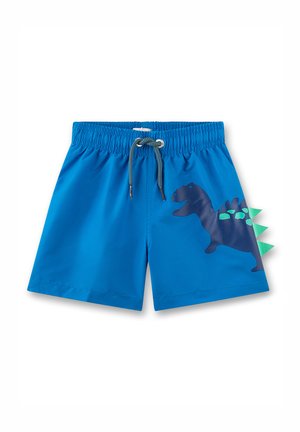 Costume da bagno corto blu per bambini con vita elasticizzata e coulisse, con stampa di dinosauro blu scuro e punte in tessuto verde ai lati.