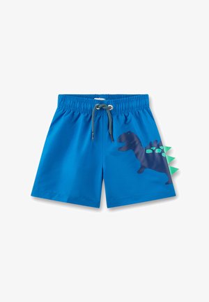 Blaue Kinder-Badeshorts mit elastischem Bund und Kordelzug, mit dunkelblauem Dinosaurier-Print und grünen Stoffstacheln an der Seite.