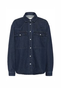 Donker denim overhemd met een knoopsluiting aan de voorkant, puntige kraag, twee borstzakken en lange mouwen. Kenmerkt zichtbare stiksels en zilverkleurige hardware.