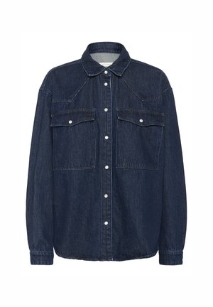 Camicia in denim scuro con abbottonatura frontale, colletto a punta, due tasche sul petto e maniche lunghe. Presenta cuciture a vista e hardware argentato.