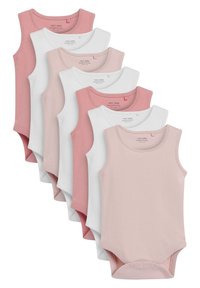 Set mit ärmellosen Strampler für Babys in verschiedenen Rosa- und Weißtönen, aus weicher Baumwolle gefertigt. Mit Druckknopfverschlüssen am Boden.