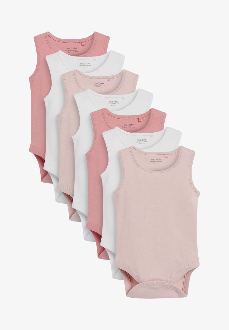 Sæt af ærmeløse baby bodysuits i forskellige nuancer af pink og hvid, lavet af blødt bomuld. Har trykknapper nederst.