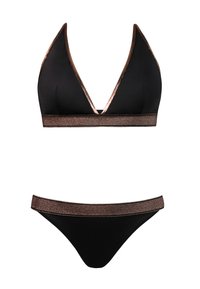 Czarny zestaw bikini z trójkątnym topem z różowo-złotymi akcentami oraz dopasowanym dolnym elementem o niskim stanie. Gładki materiał z teksturowanym pasem.