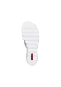 White shoe sole with a textured pattern, featuring ridges for grip and a red branded detail. Curved shape with a smooth finish.