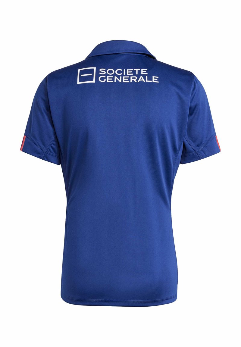 Polo bleu à manches courtes, fabriqué dans un tissu lisse. Présente un logo blanc "Société Générale" dans le haut du dos et des accents rouges aux manches.