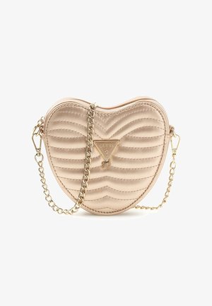 Heart-shaped handbag in light pink faux leather with quilted pattern and gold-tone chain strap. Features a triangular logo accent.