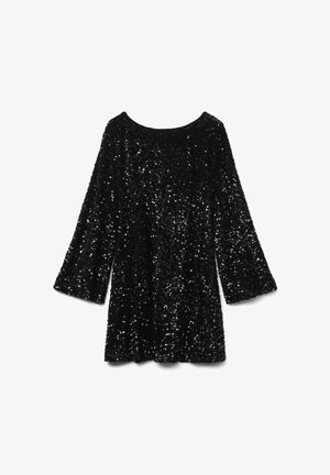 Vestido negro con lentejuelas, de mangas tres cuartos, escote redondo y forma acampanada, con una superficie texturizada y lentejuelas brillantes en todo el vestido.