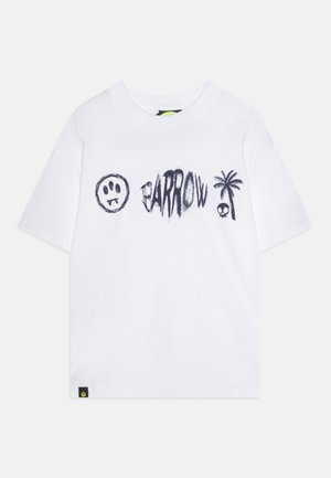 T-shirt en coton blanc avec le texte graphique noir "BARROW", un smiley, un palmier et une tête de mort. Manches courtes et col rond.