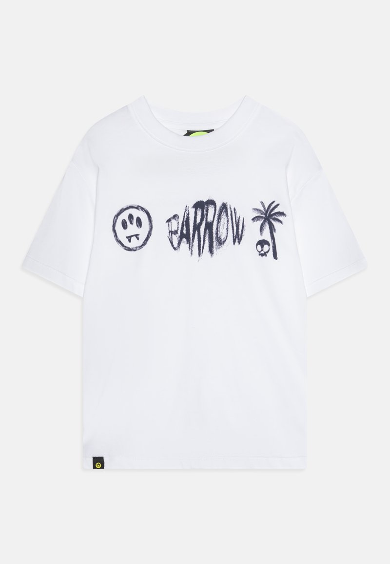 White cotton T-shirt featuring black graphic text "BARROW," a smiley face, palm tree, and skull. Short sleeves and a crew neck design.